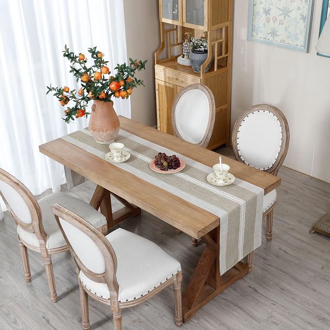 NEWISHER Farmhouse Braided Striped Embroidery Table Runner 108 inches Brown | - Image 3