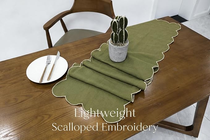 100% Natural Linen Rustic Scalloped Embroidery Table Runner 90 Inches Long - Image 3