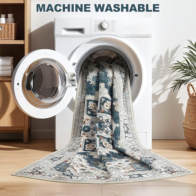 6x9 Washable Area Rug: Vintage Neutral Soft Non Slip Thin Large Floor Carpet - Image 3