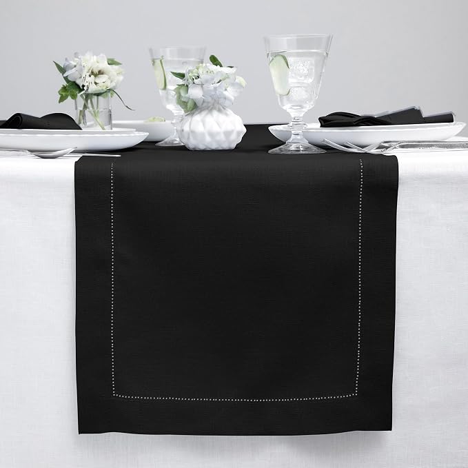 Solino Home 100% Linen Table Runner Black, Classic Hemstitch 14 x 132 in | by SolinoHome