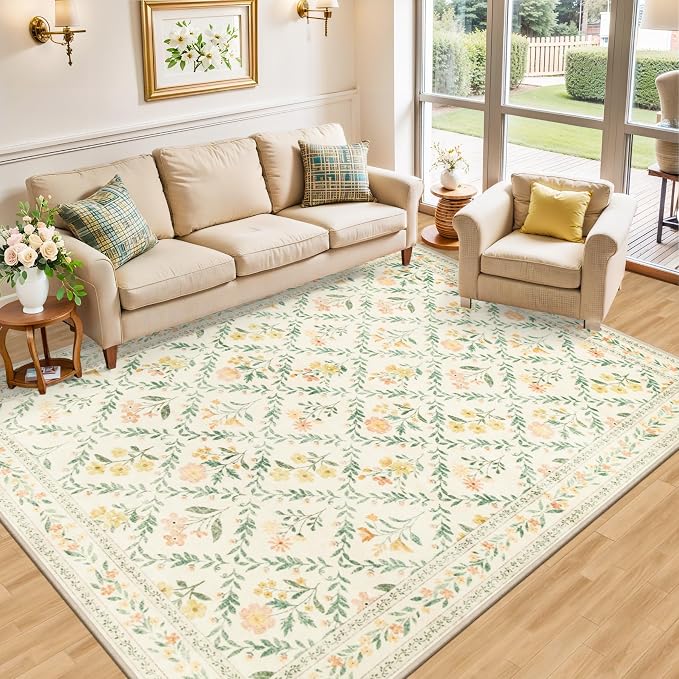 10x14 Area Rugs for Living Room: Floral Washable Rug Vintage Large Soft Boho - Image 2