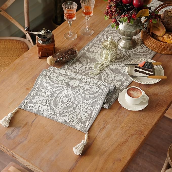 Table Runner Embroidered Boho Lace Dresser Scarf, 4 Tassel Pendants, - Image 2