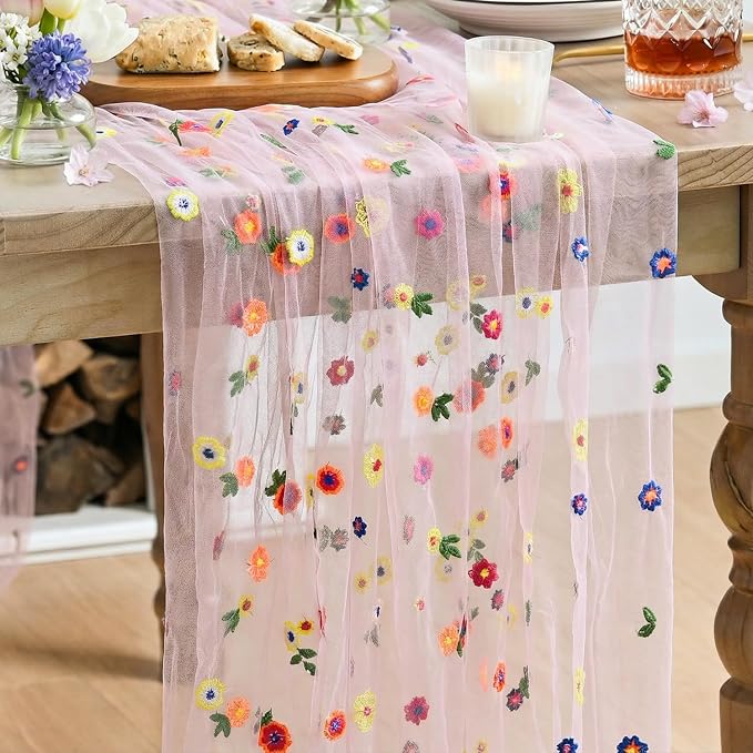 Artoid Mode 3PCS Pink Embroidery Daisy Gauze Table Runner 120 Inch 10FT | by ArtoidMode