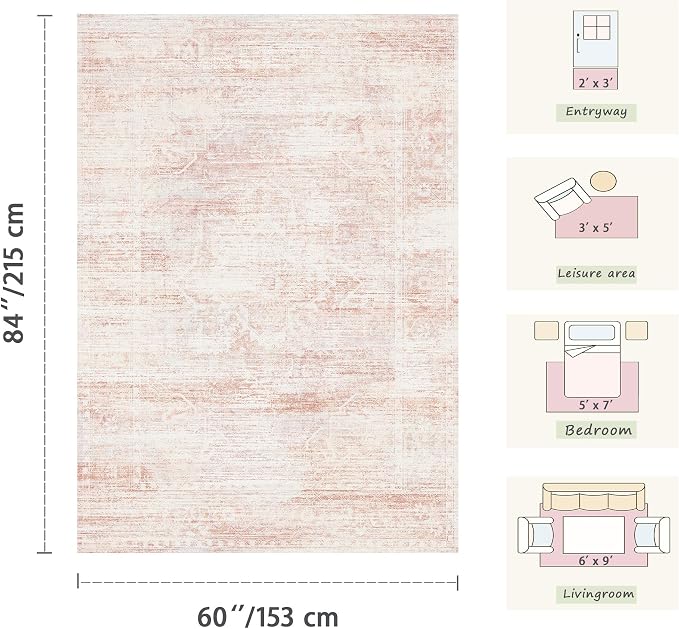 Latte&Fog Pink 8x10 Rugs for Living Room, Vintage Large Area Rugs for Girls - Image 2
