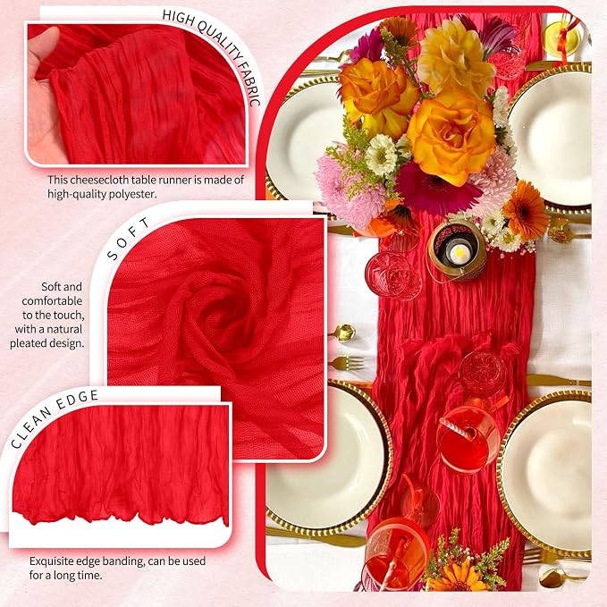 Showgeous 2 Pack Red Cheesecloth Table Runners Boho Wedding Decor | Rustic - Image 3