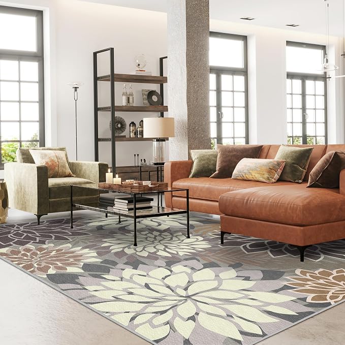 8x10 Outdoor Area Rug Washable Multicolored Patio Rug Tropical Botanical Floral - Image 2