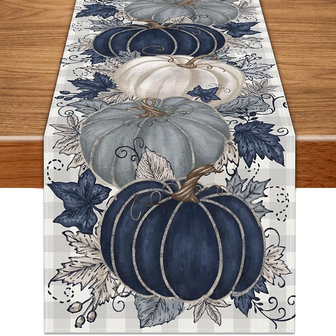Fall Thanksgiving Table Runner Buffalo Plaid Blue Vintage Pumpkin Decor | by Unknown