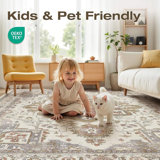10x14 Area Rugs for Living Room, Washable Non Slip Vintage Distressed Stain - Image 3