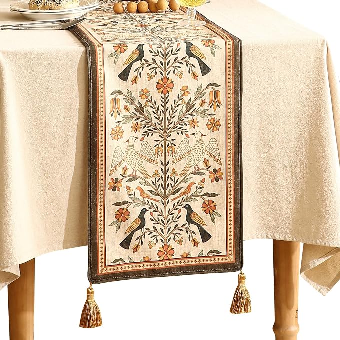 bilin gaier Designer French Linen Long Table Runner, Floral Pattern, Dining by bilingaier