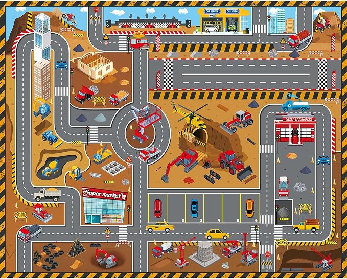 Kids Room Rug 5x7 Ft, Washable Soft Construction Site Road Map Rug, Non-Slip - Image 2
