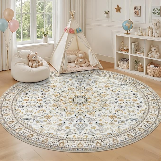 Round Area Rug for Living Room: 4 ft Washable Vintage Boho Soft Thin Circle Rug - Image 5