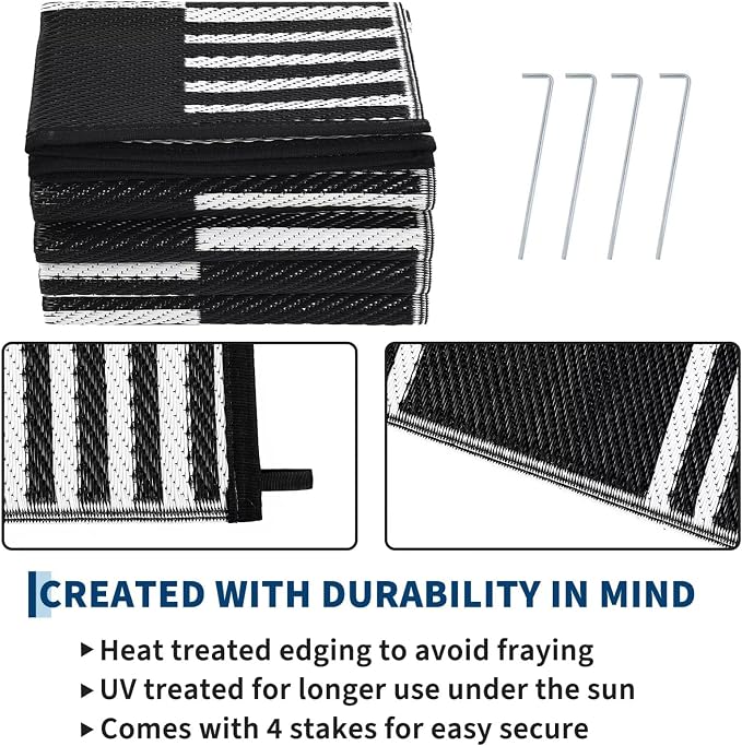 Garvee Waterproof Outdoor Rug 9x12, Checkered Foldable Plastic Straw Patio - Image 4