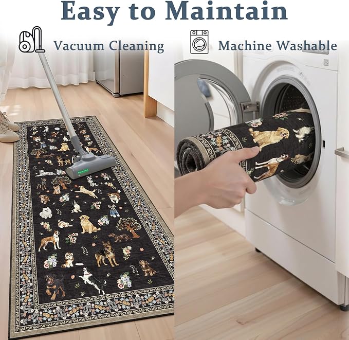 Black Floral Dog Rug for Entryway, 2x3 Washable Kitchen Mat Ultra-Thin Soft - Image 4