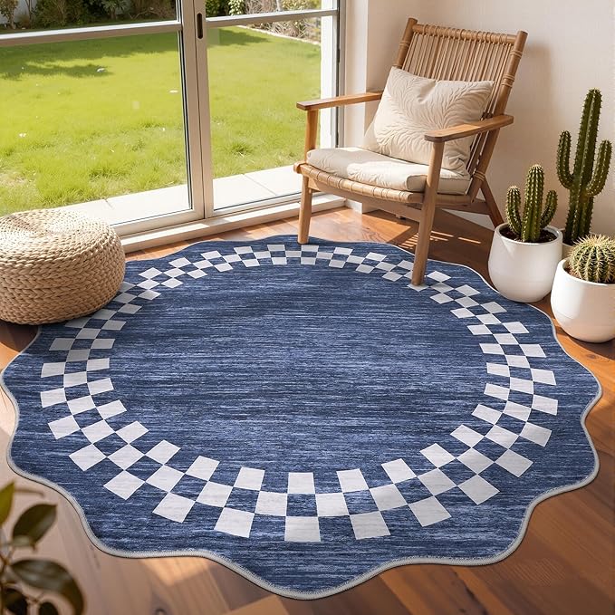 6ft Washable Round Rug for Entryway Modern Checkered Bedroom Circle Rug Non - Image 8