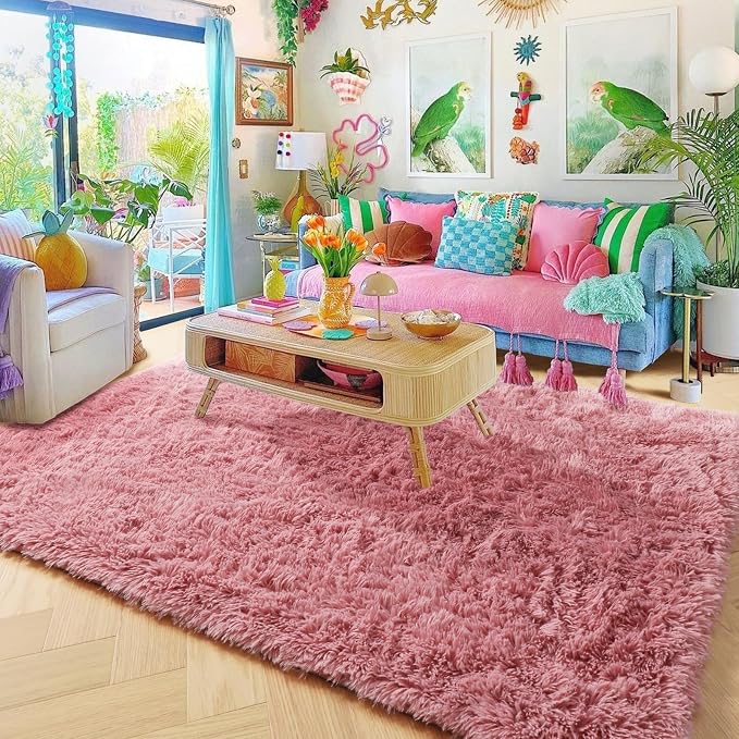 Amdrebio Blush Pink Area Rugs for Girls Bedroom, Furry Fluffy Cute Small Rug - Image 4
