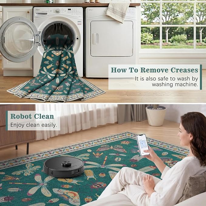 DCX 5x7 Washable Insect Rug, Vintage Gothic Deep Teal Rug - Image 5