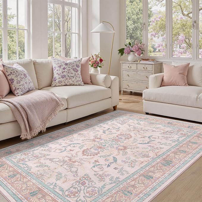 DCX 5x7 Pink Vintage Floral Rug, Machine Washable Non Slip Low Pile Carpet by DCXWashableRug