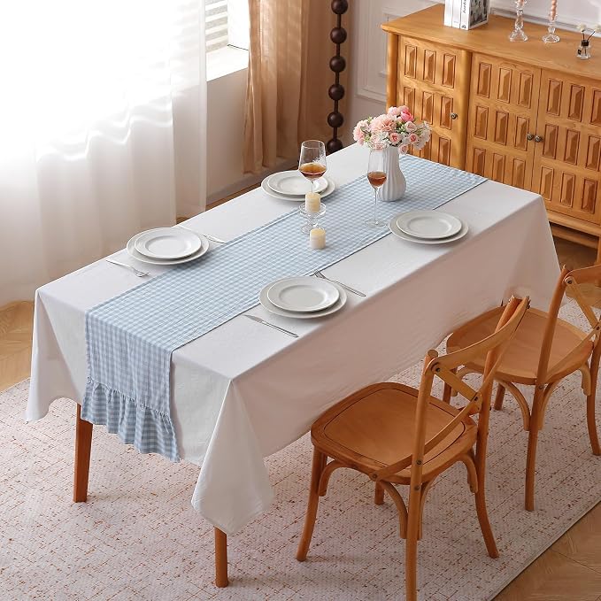 Light Blue White Plaid Gingham Ruffle Table Runner 90 inches Long 100% Washed - Image 2