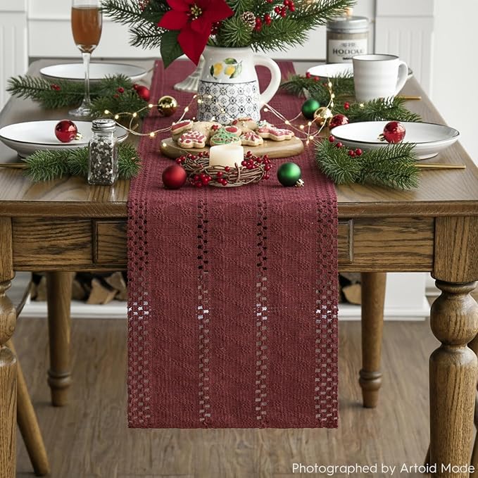 Artoid Mode Red Woven Farmhouse Hollow Table Runner 12x48 Inch | Holiday Rustic - Image 3