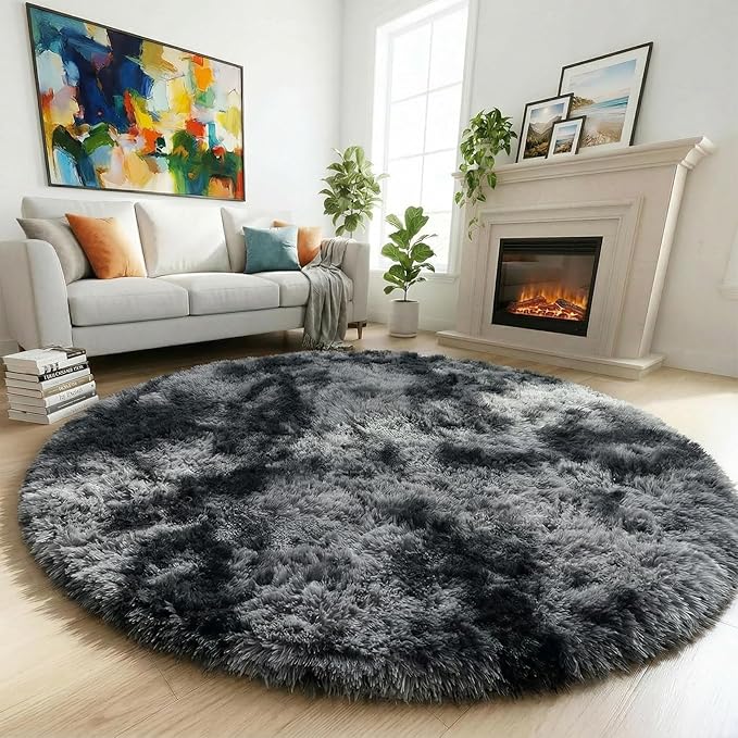 Amdrebio Tie-Dyed Dark Grey Round Rug 4Ft by Amdrebio