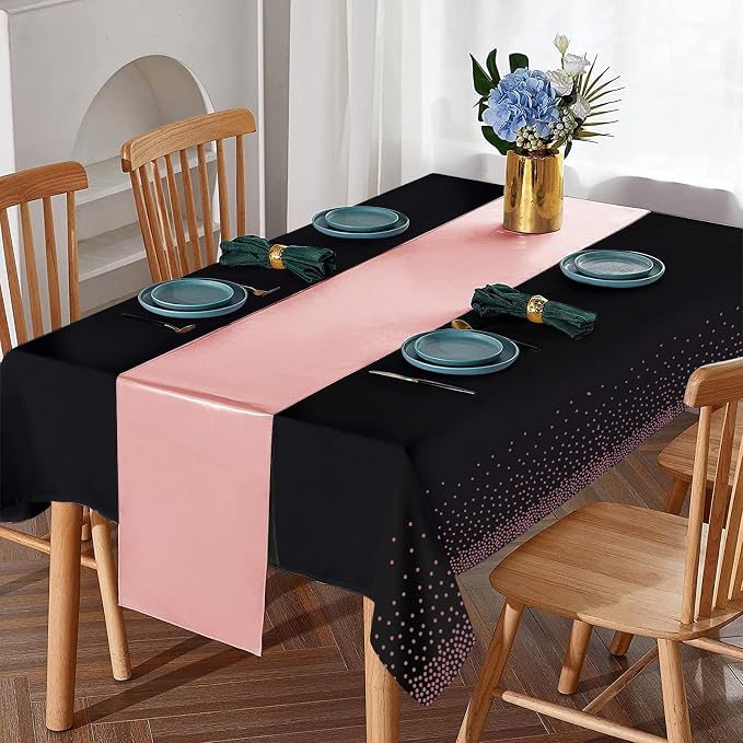 8Pack Disposable Plastic Tablecloths and Satin Table Runner Set Black and Rose - Image 3