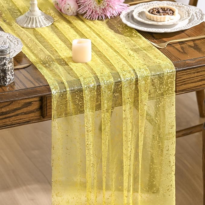 Artoid Mode 10PCS Light Yellow Gold Gauze Table Runner 120 Inch 10FT, Glitter by ArtoidMode
