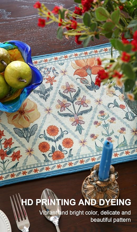 Designer French Linen Long Table Runner, Colorful Floral Pattern, Dining Table - Image 4