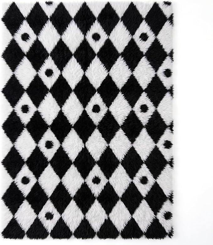 PureCozy Checkered Rug 9x12 Fluffy Shag Living Room Black and White Area Rug - Image 7
