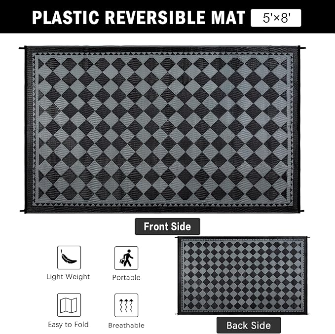 HUGEAR Outdoor Waterproof Rug 5'x8' Plastic Straw Rugs Washable Reversible - Image 2