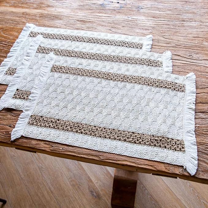 Boho Placemats Set of 12, 12x18 Inch Natural Cotton Burlap and Kitchen Woven - Image 5