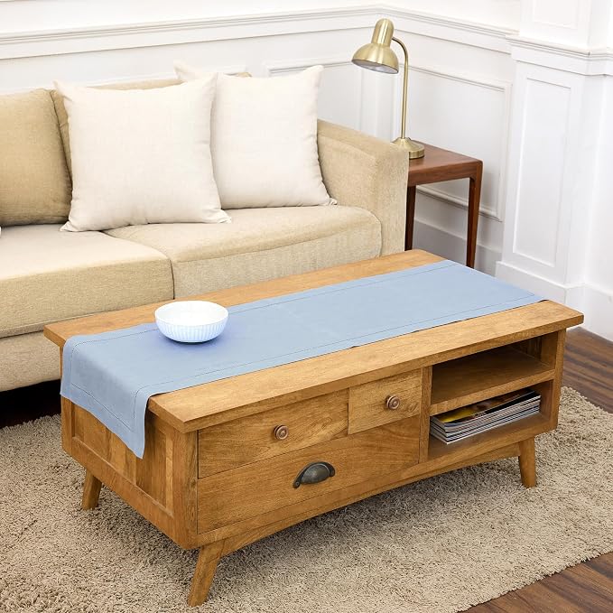 Solino Home 100% Pure Linen Table Runner Sky Blue Hemstitch, 14 x 60 in | by SolinoHome