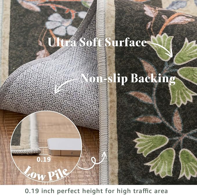jinchan Zenith Floral Runner Rug 2x6 Washable Kitchen Runner Non-Slip Low-Pile - Image 7
