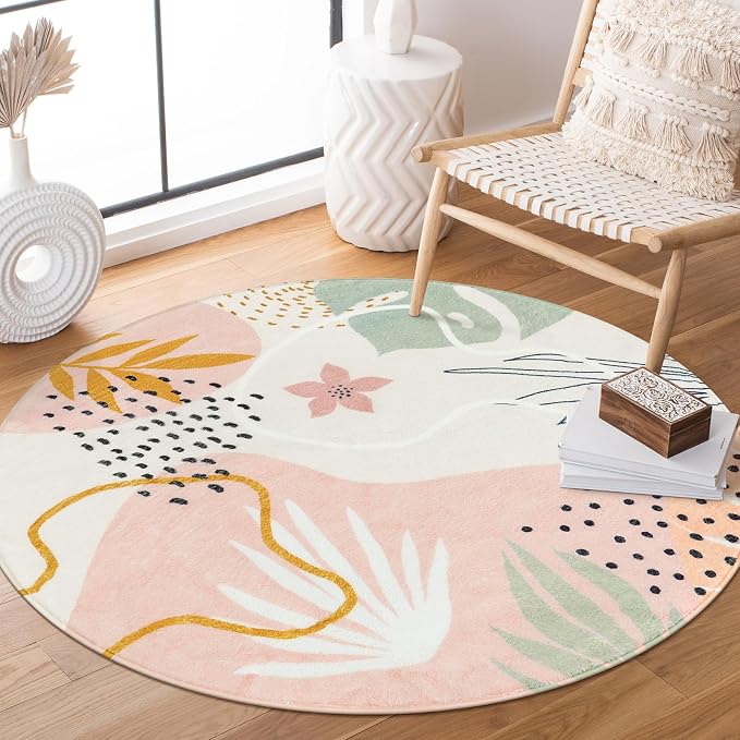 Lahome Pink Round Area Rug - 4Ft Washable Non-Slip Small Circle Boho Throw by Lahome