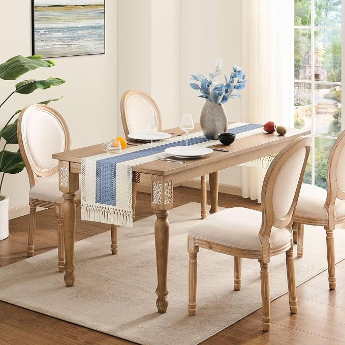 Macrame Style Bicolor Stitching Table Runner 14x36in Blue | Woven Boho Table - Image 3