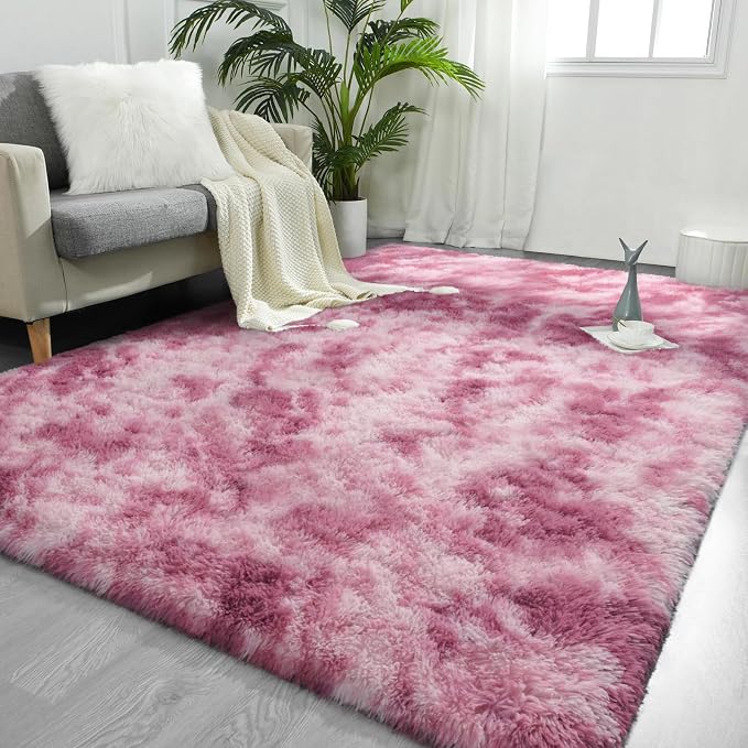 FlyDOIT Large Area Rugs for Living Room, 4x6 Feet Tie-Dyed Blush Shaggy Rug by FlyDOIT