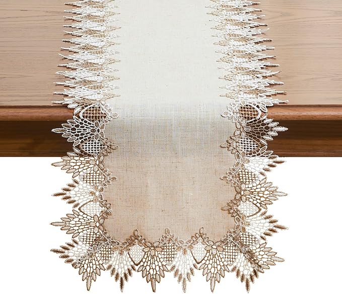 Natural Linen Table Runner 108 inches Beige Lace Coffee Table Runner | French by Raedan