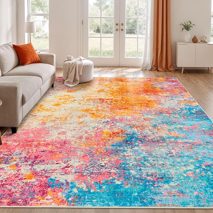 Rugflix 9x12 Area Rugs for Living Room, Washable Colorful Rainbow Rug by RugflixAreaRugs