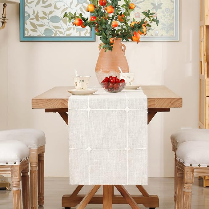 NEWISHER Rustic Embroidered Plaid Cloth Table Runner 48 inches, Farmhouse - Image 3