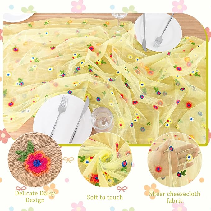 BINBE 1pcs Daisy Spring Table Runner Embroidery Gauze 10FT Florals Seasonal - Image 6