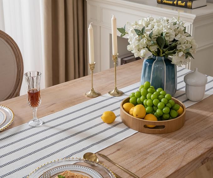 Caflife Boho Table Runner 60 Inchs Long Grey and Beige, Cotton and Linen Woven - Image 3