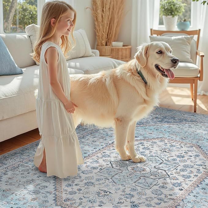 DCX Machine Washable Blue and Beige 3x5 Area Rug, Non Slip Stain Resistant - Image 2