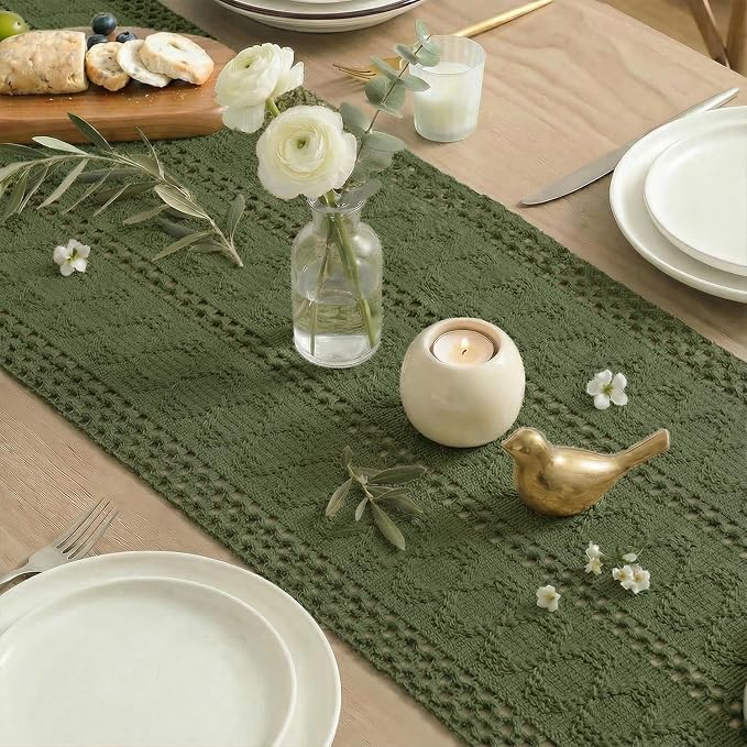 Artoid Mode Army Green Woven Farmhouse Hollow Table Runner 12x108 Inch | - Image 6