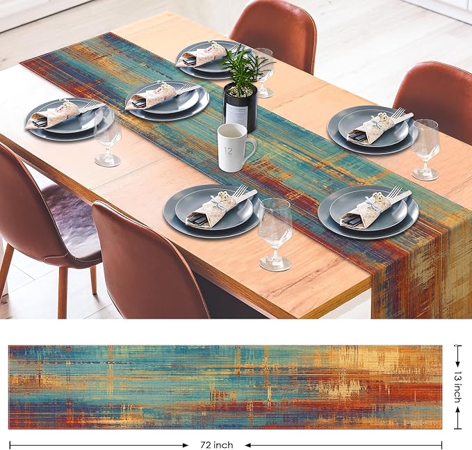 Emvency Table Runner, 13x72 Inch, Abstract Vintage Blue | Rust Painting Dining - Image 2