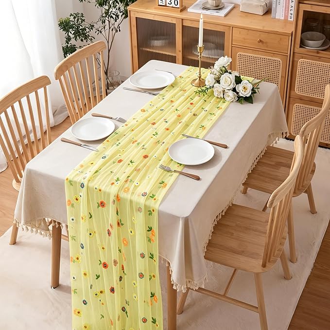 BINBE 3pcs Daisy Spring Table Runner Embroidery Gauze 10FT Florals Seasonal - Image 4
