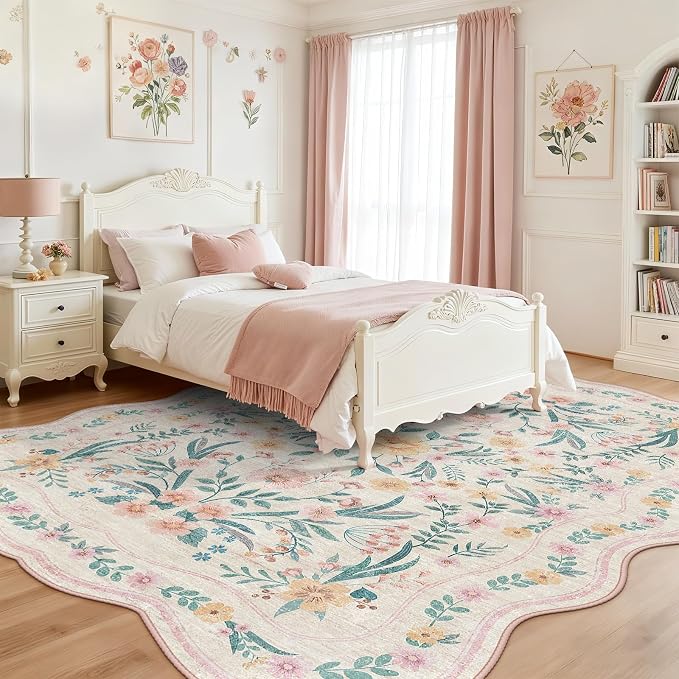 Scalloped Rug for Living Room, 5x8 Pink Floral Rug for Girls Dorm, Washable - Image 2
