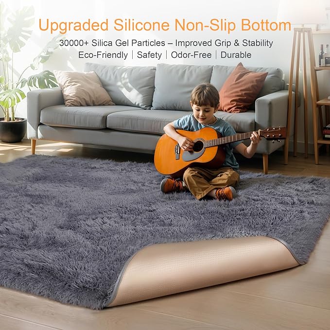 KICHOWUA Thick Area Rug Grey Fluffy Shag 5x8 - Image 3