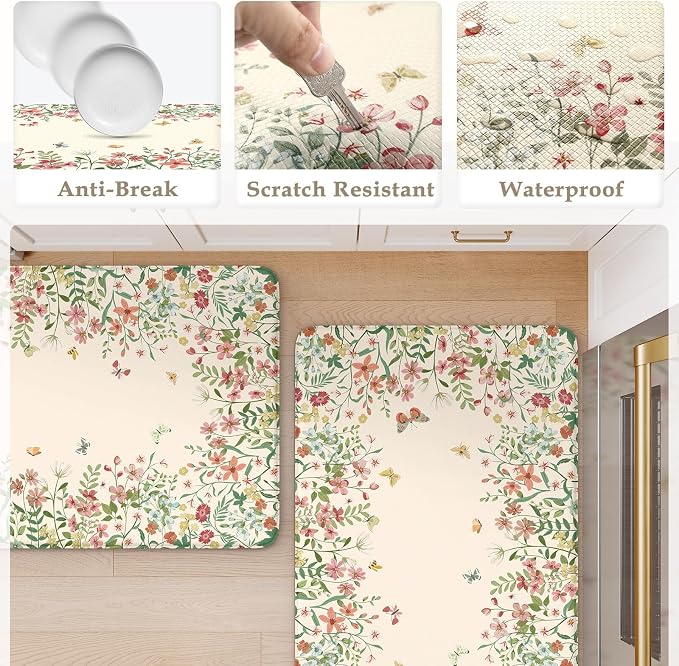 KIMODE Kitchen Mats for Floor Anti Fatigue, Flower Butterfly Kitchen Rugs Sets - Image 6
