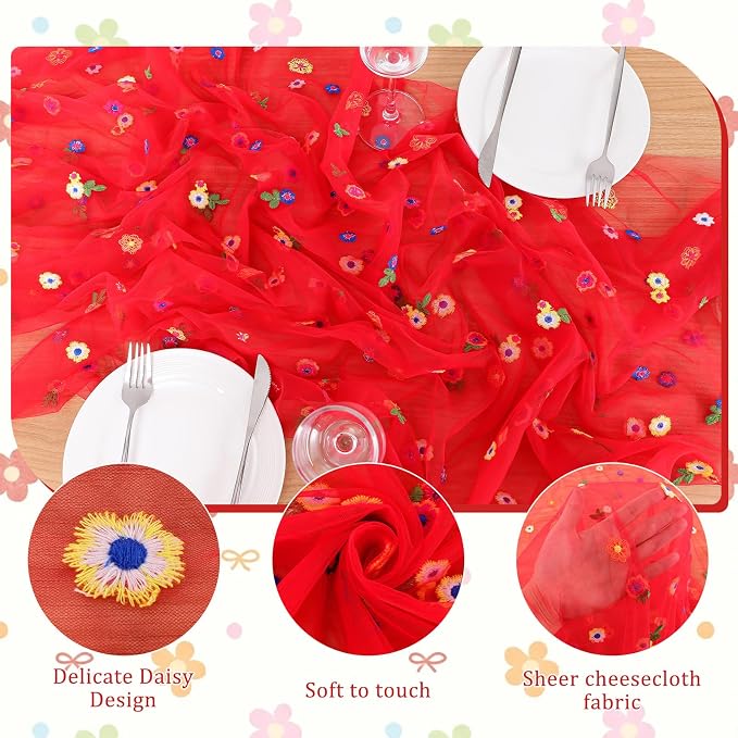 BINBE 1pcs Daisy Spring Table Runner Embroidery Gauze 10FT Florals Seasonal - Image 6