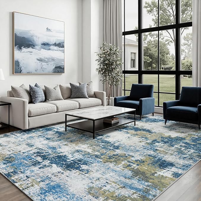 Area Rug 6x9 Living Room Rug Washable: No-Slip Abstract Soft Thin Large Blue - Image 4