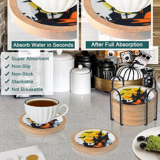 Halloween Coasters Set of 6, Unique Coaster, Minacun Absorbent Coasters - Image 2